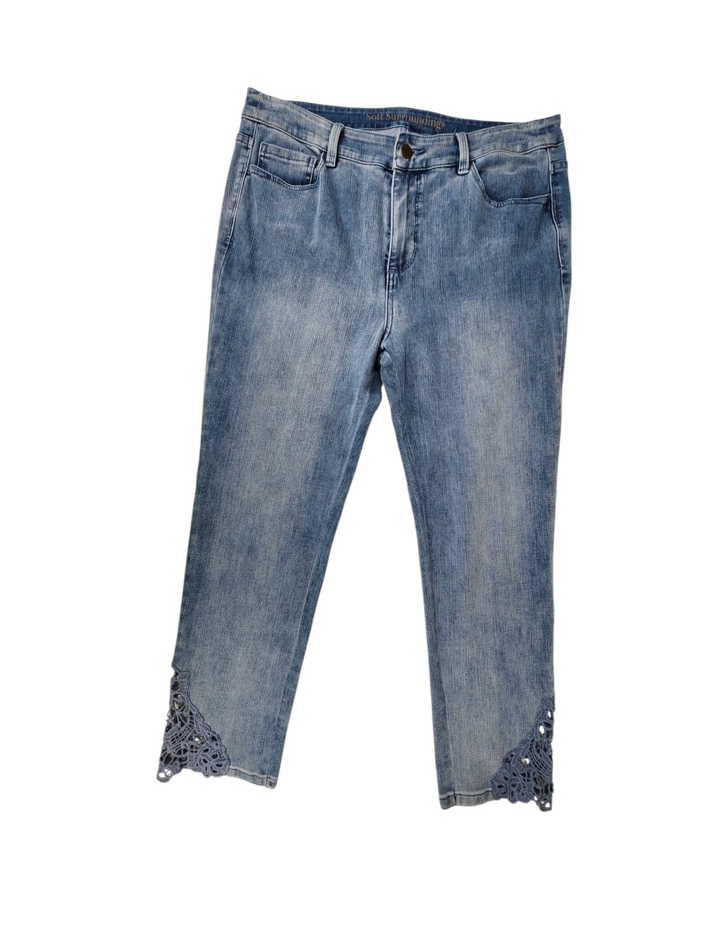 Soft Surroundings Jeans Womens 12P Petite Blue Stretch Cropped Floral Lace Hem